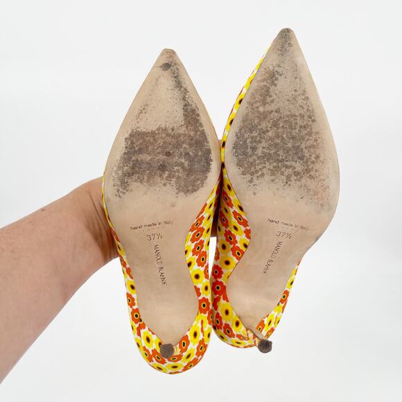 Manolo Blahnik Yellow Orange Floral Cotton BB Pointed Toe Stiletto Heels IT 37.5 - Picture 11 of 13